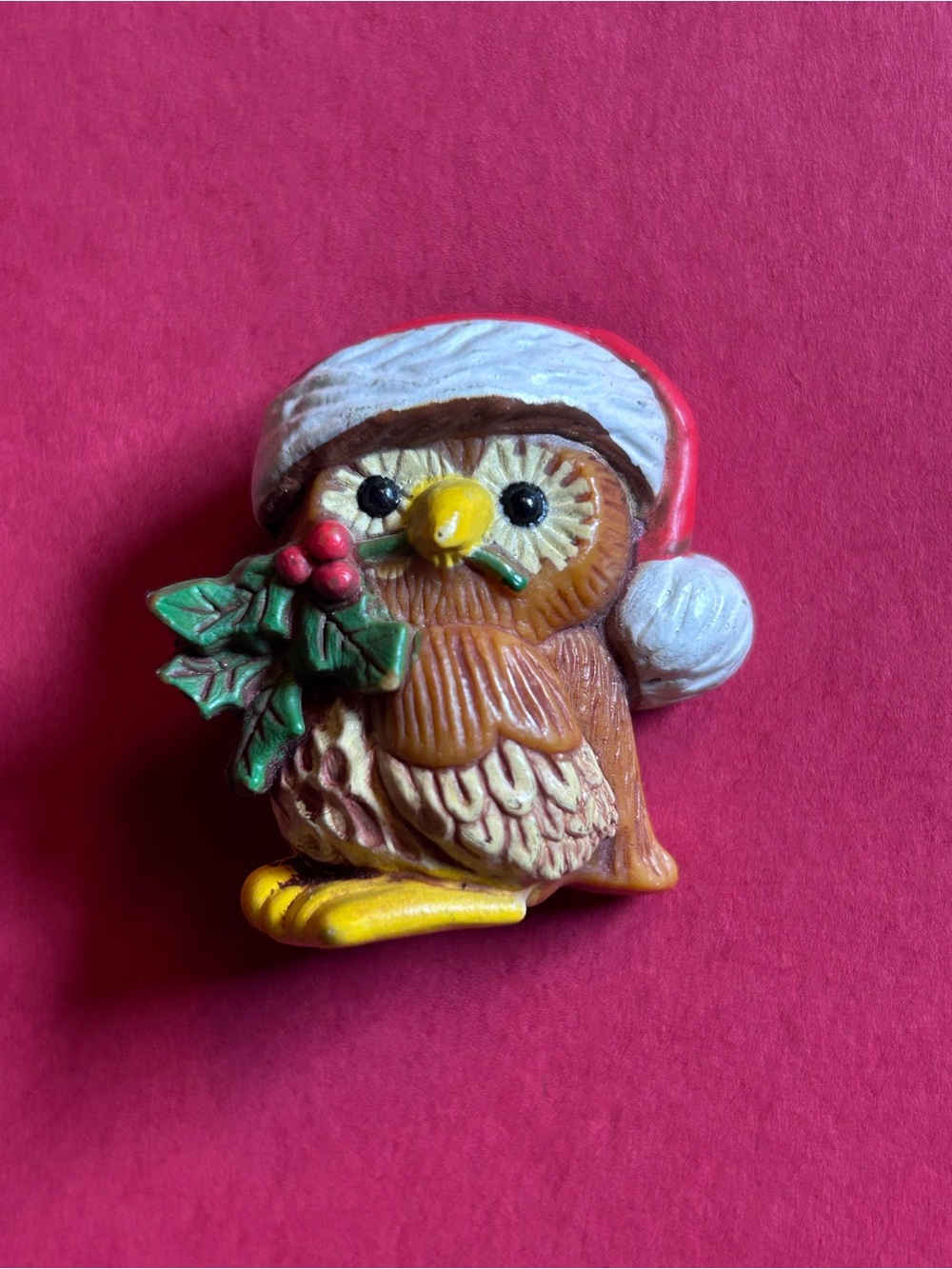 Vintage Hallmark Christmas Owl Brooch Pin Santa Hat Holly Berries Holiday